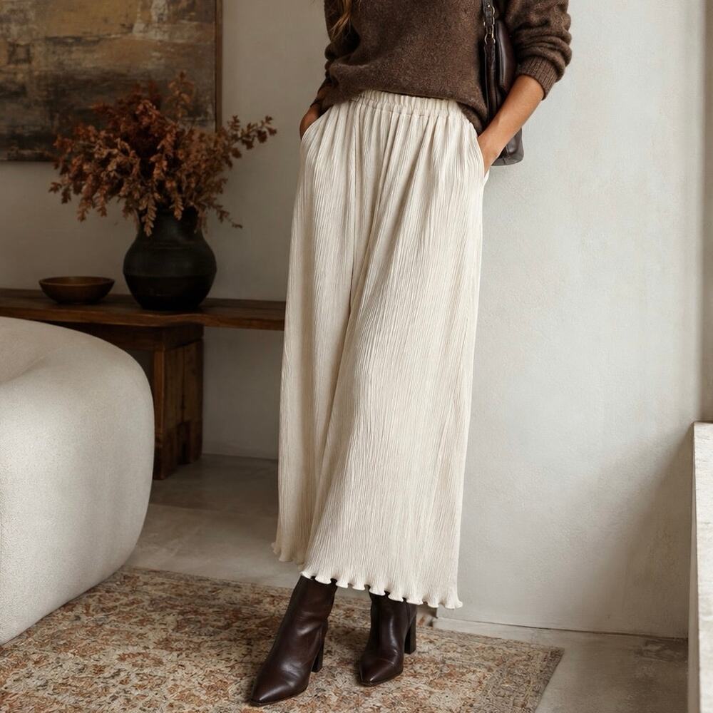 LA Ligne Crinkle Pull On High Waisted Wide Leg Pants Cream Women's Size XXS